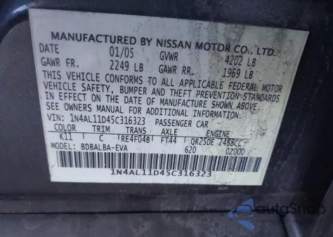 2005 Nissan Altima 2.5 S z USA, uszkodzony, nr VIN 1N4AL11D45C316323